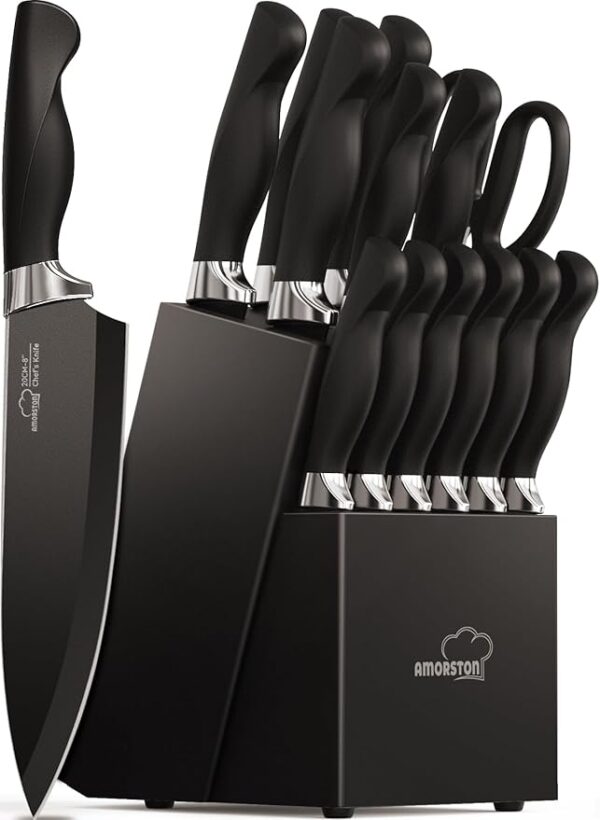 Knife Set, Amorston 15 Pieces Knife Sets for Kitchen with Block, Dishwasher Safe Kitchen Knife Set with Built in Sharpener Block, German Stainless Steel Knife Block Set, Blac (Copy)