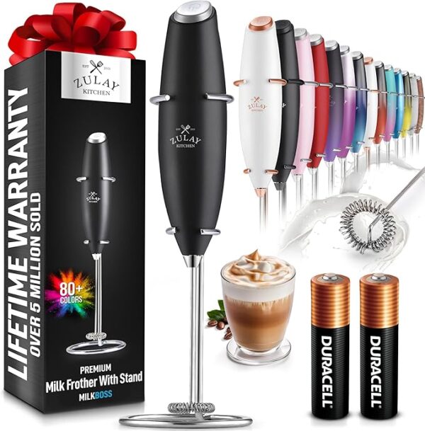 Zulay Kitchen Powerful Milk Frother Wand With 2 Duracell Batteries - Ultra Fast Handheld Drink Mixer - Electric Whisk Foam Maker for Coffee, Lattes, Cappuccino, Matcha, Hot Chocolate & Creamer - Black (Copy)